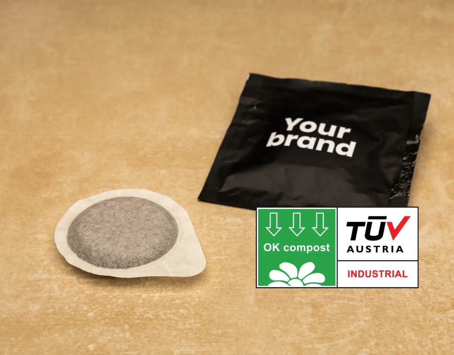 Cialda di caffè e cialda confezionata con logo TÜV Austria OK Compost